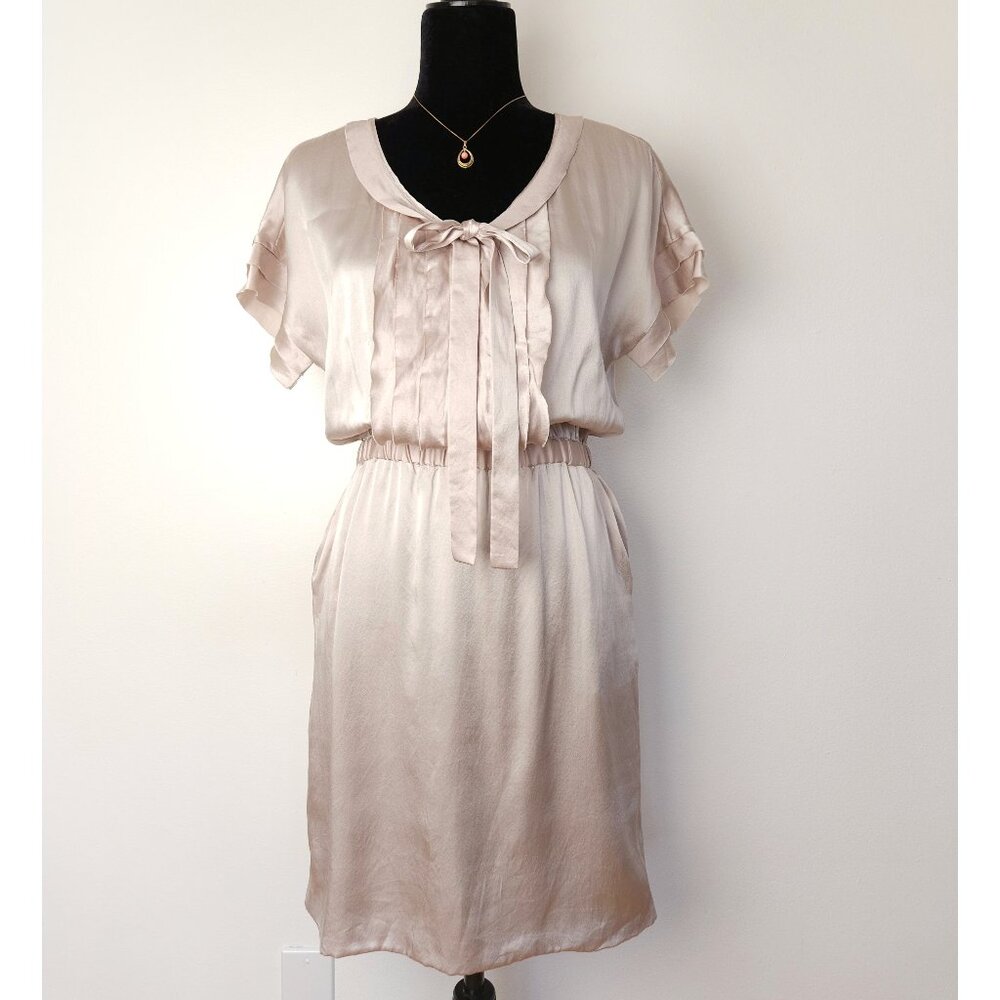 Vintage silk short sleeve midi dress women M, elastic waist button down dress